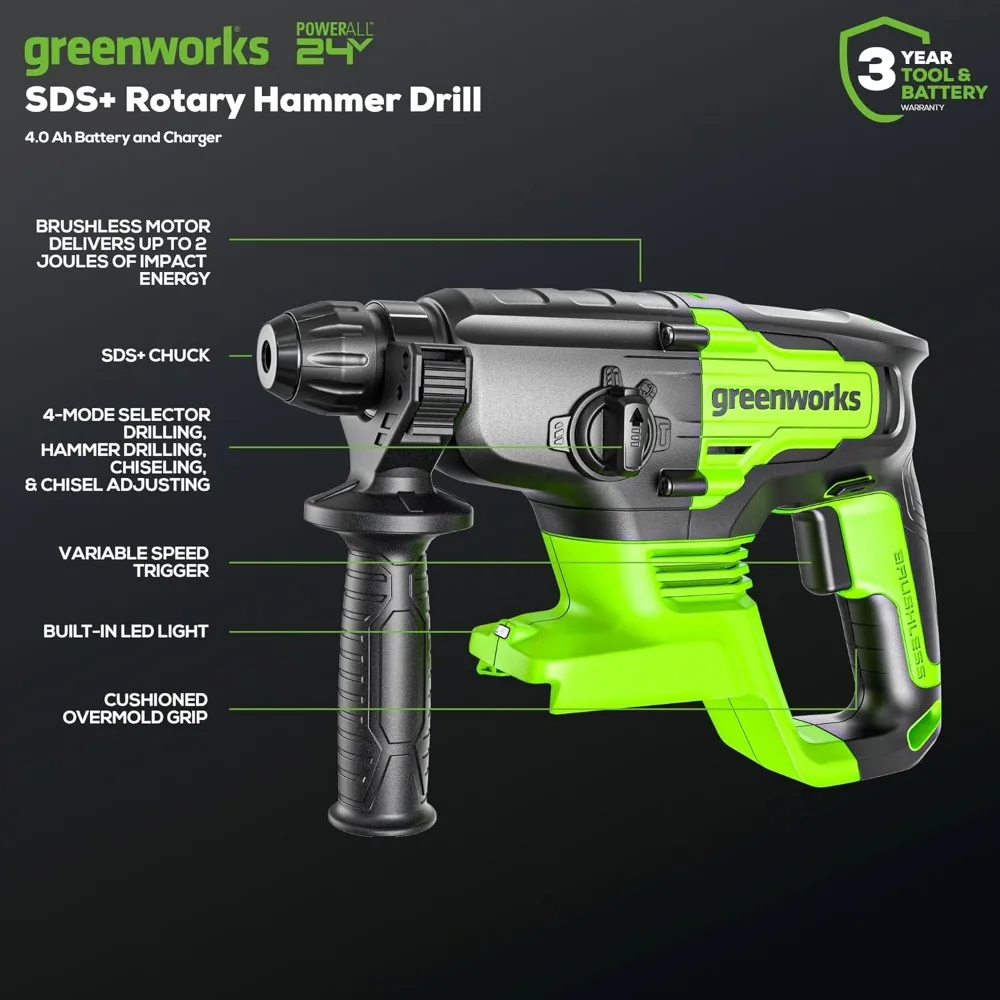 مطرقة دوارة لاسلكية 24 فولت، 2.1 جول، مثقاب SDS Plus بدون فرش، 4 أوضاع، ضوء LED، بطارية 4 أمبير في الساعة، أداة طاقة طويلة العمر