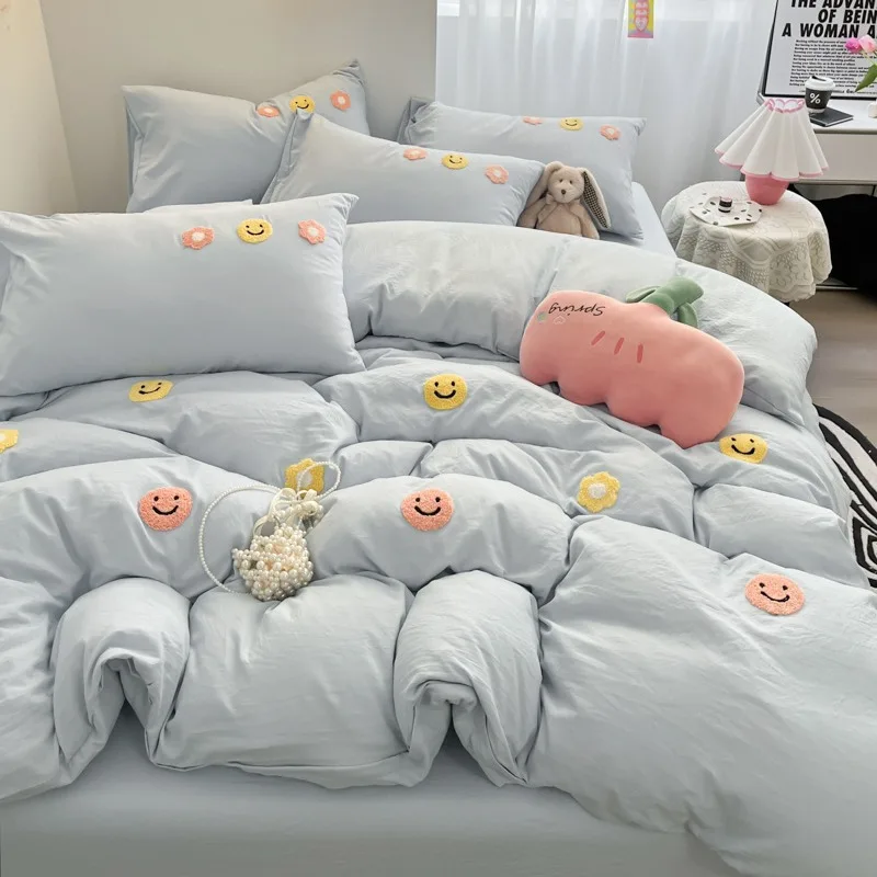 Washed Cotton Towel Embroidery Four-Piece Set Naked Sleeping Bedding Sheet Quilt Bed Cover Student Dormitory Solid Col