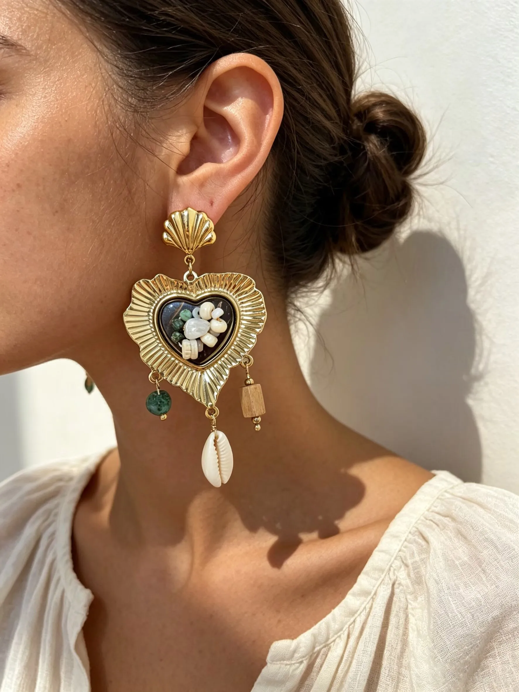 Peri'sbox Natural coconut shell natural stone heart-shaped metal shell tassel pendant women's earrings fashionable party jewelry