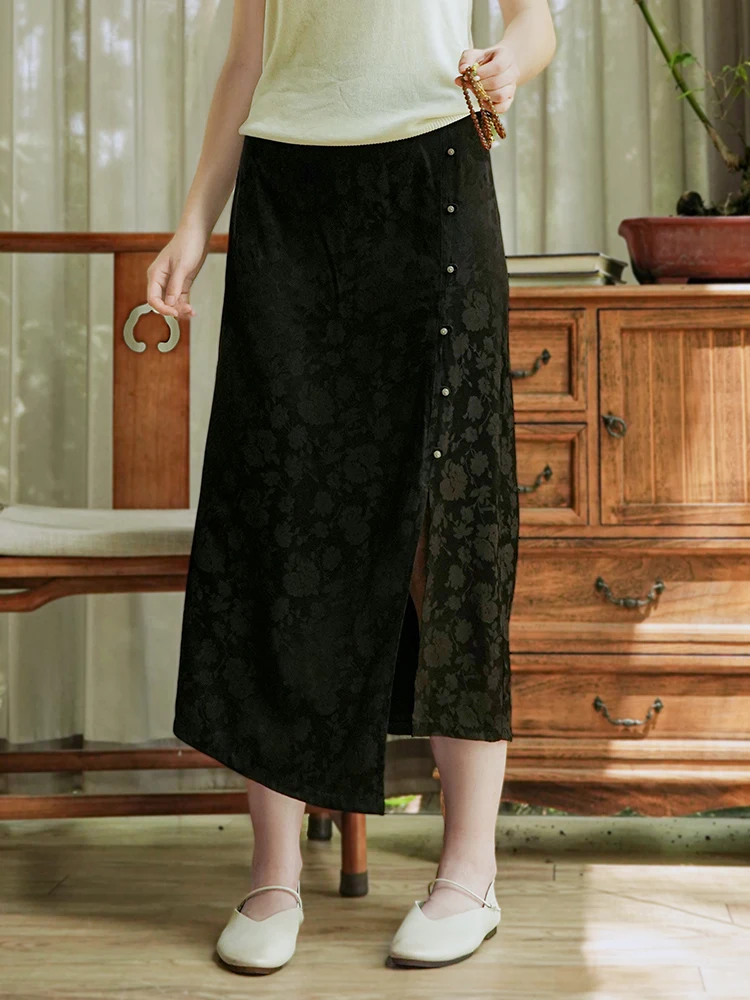 

Retro Chinese Sle High Waist A-Line Skirt Original Design Commute Friendly Mid-Length Skirt Polyester Blend