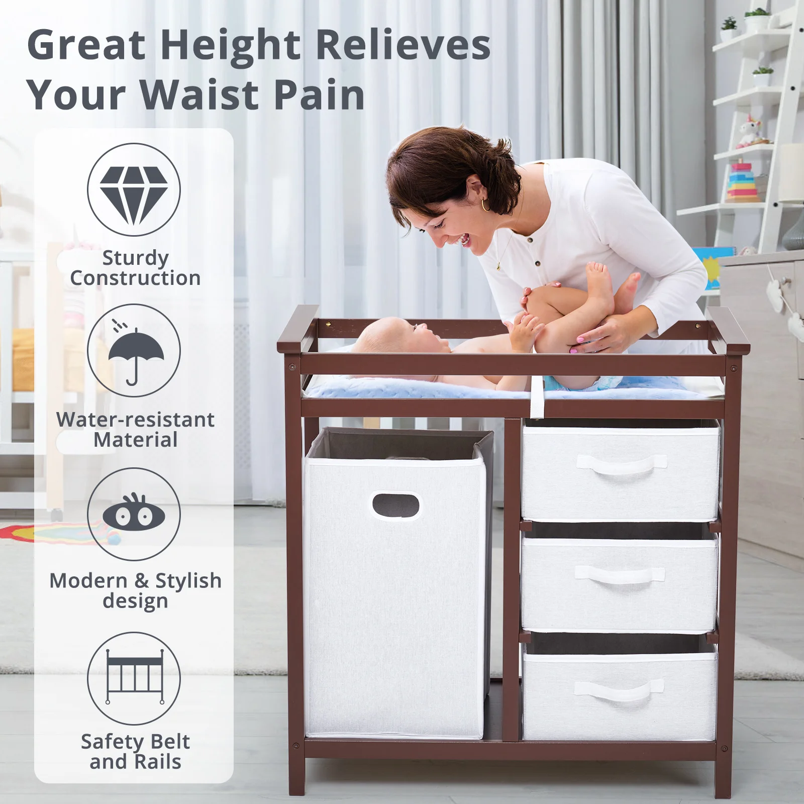 Wooden Baby Changing Table Multi-Functional Diaper Changing Station With 3 Storage Baskets Laundry Hamper & Changing Pad