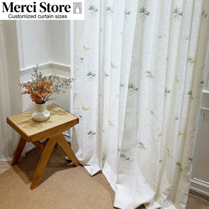 Light‑Filtering Semi‑Opaque Curtain, Fresh Pastoral Wild Daisy Embroidered Linen‑Blend Sheer for Living Room Balcony Custom Size