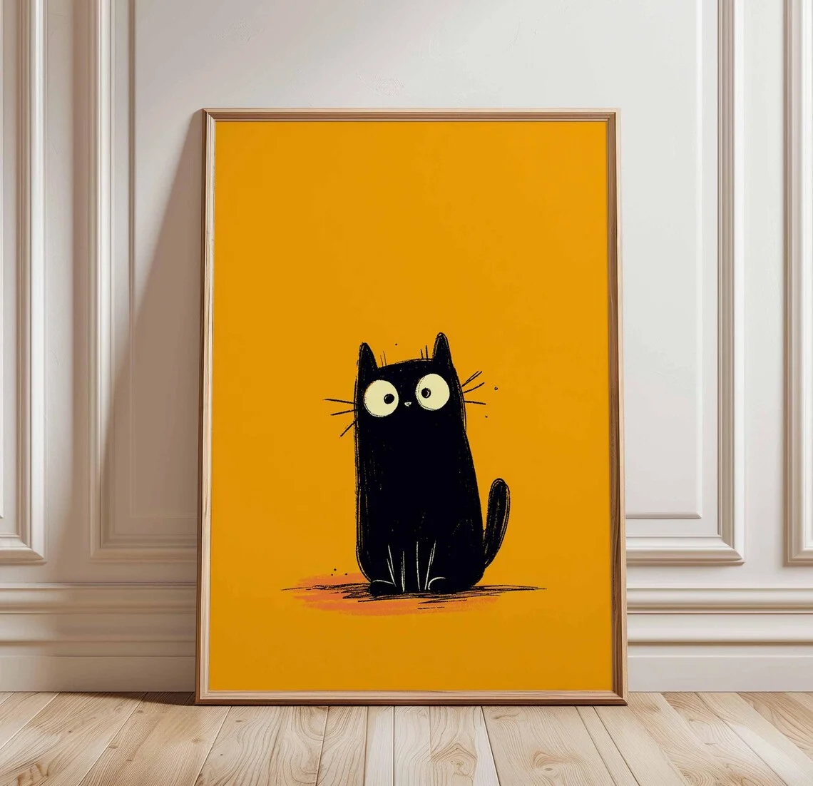 1 Stück rahmenloses Poster mit schwarzer Katze, niedlicher Katzen-Wandkunstdruck, kräftiger orangefarbener Hintergrund, lustige minimalistische Katzenillustration, skurriles Tiermotiv
