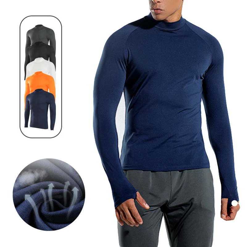 

(M-3XL)Mens Long Sleeve Running Shirt Thermal Half High Collar Compression Base Layer Tops for Workout Gym Fitness Training