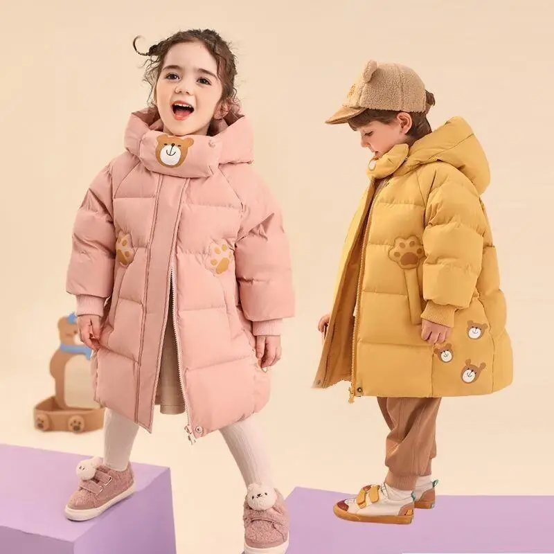 

Autumn Winter Boys Girls Baby Kawaii Mid Long Down Jacket Cotton Cute Hooded Puffer Jacket Thicken Warm Puffer Coat Kids Clothes