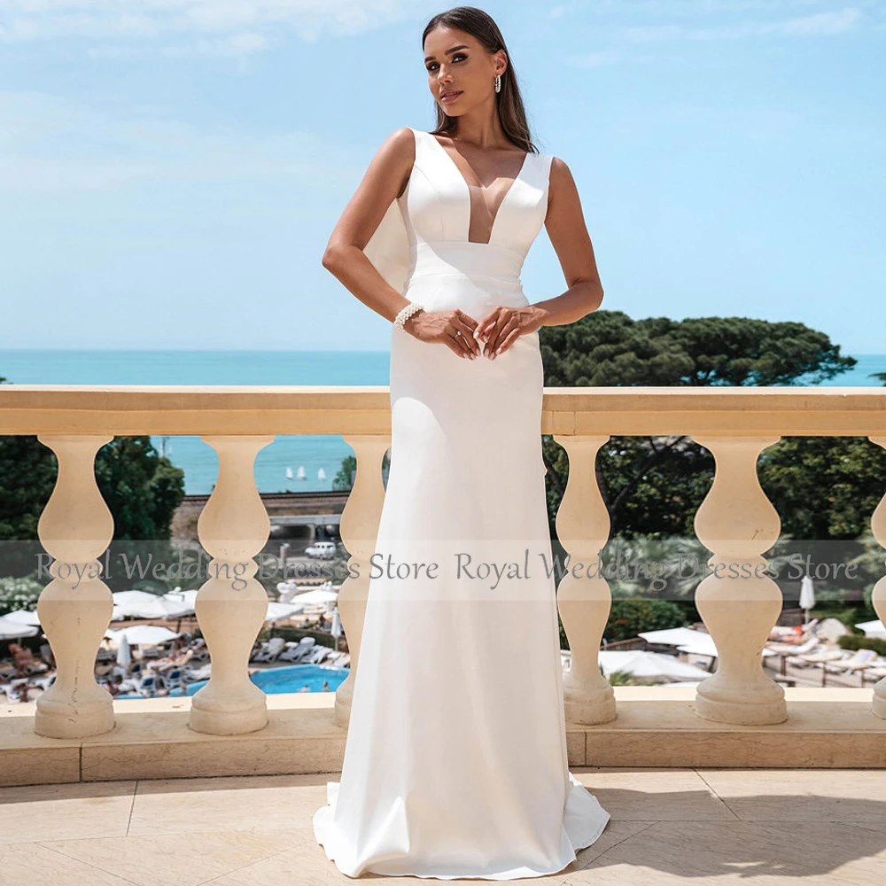 Mermaid Wedding Dress for Bride 2023 with Detachable Train Simple  Gown Long Sleeveless V Neck White Bridal  