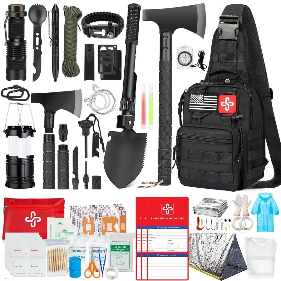 

Kit, 262Pcs Survival Gear and Supplies with First Aid Kit Pouch and Crossbody Bag, Emergency Kit with Tent, Camping Axe Hammer,