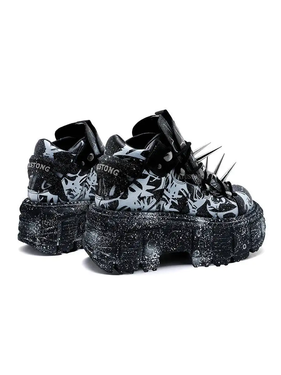 Punk Rock Metal Rivet  New Fashion Platform Round Head Sports Leisure Platform Shoes Mixed Color Printing Single Shoe view 4