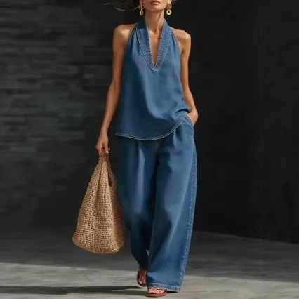 Women Denim Vest Pants Set Summer Vintage Washed Denim Sleeveless Hanging Neck V-neck tank top Straight Leg Pants OL Commuting