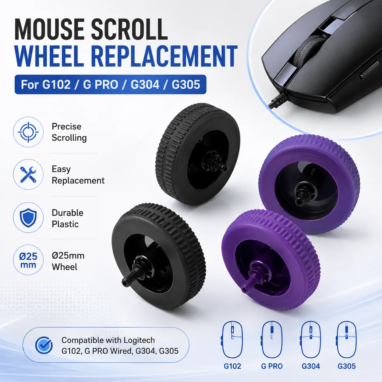 Mouse Scroll Wheel Replacement for Logitech G102 G PRO Wired G304 G305 Gaming Mouse Repair Parts Plastic Roller Wheel