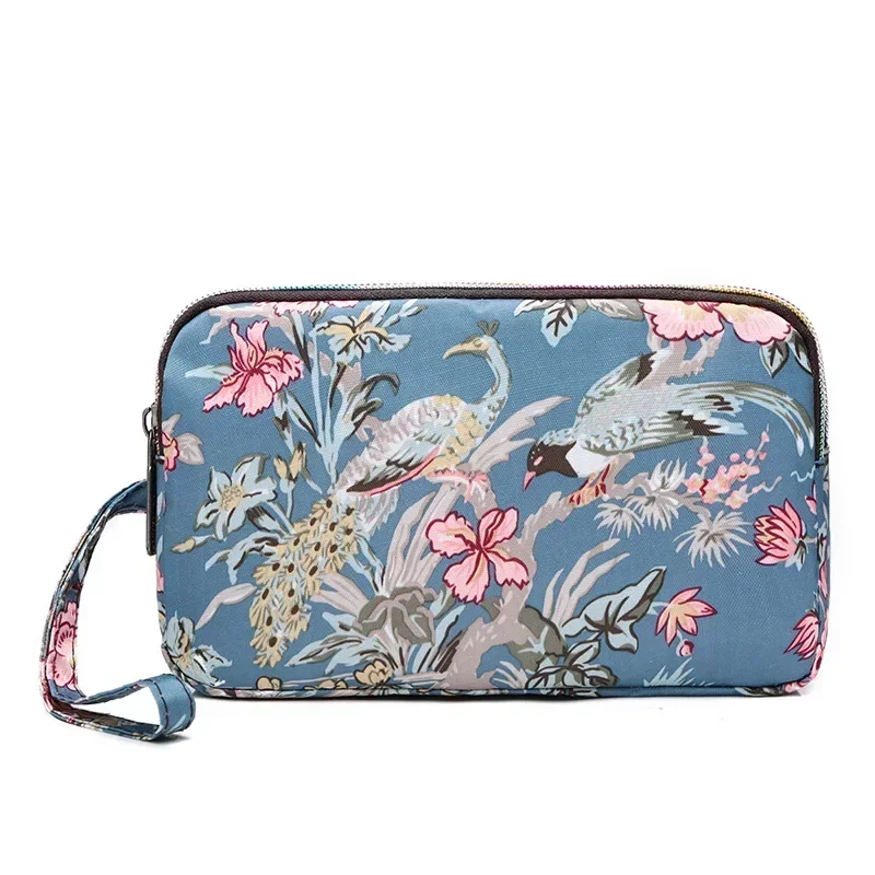 Bolso de lona con estampado para mujer, cartera larga de tres capas, de gran capacidad, impermeable, portátil