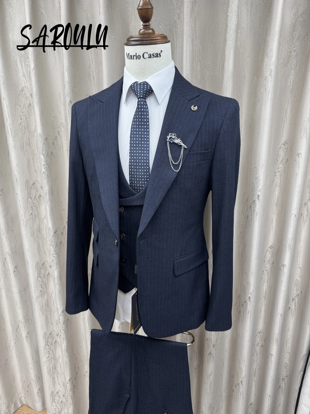 

High Quality Navy Blue Striped Classy Men's Suit Business Formal Occasions Tuxedo One Button Three Pieces Set For Wedding Party