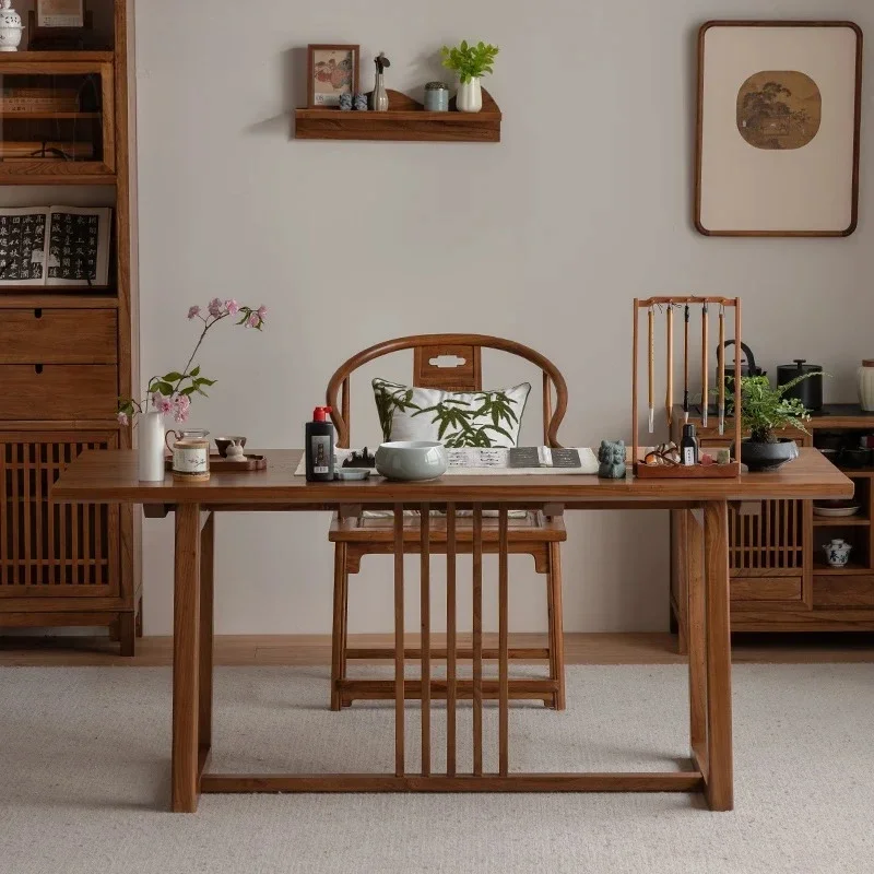 New Chinese style all solid wood simple modern office long dining table elm calligraphy table