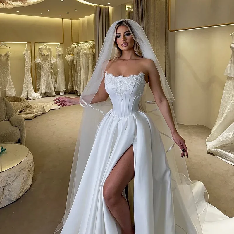 Elegant A-Line Wedding Dresses Strapless Side Slit Bridal Dress Women Appliques Wedding Prom Vestidos De Novia Customized