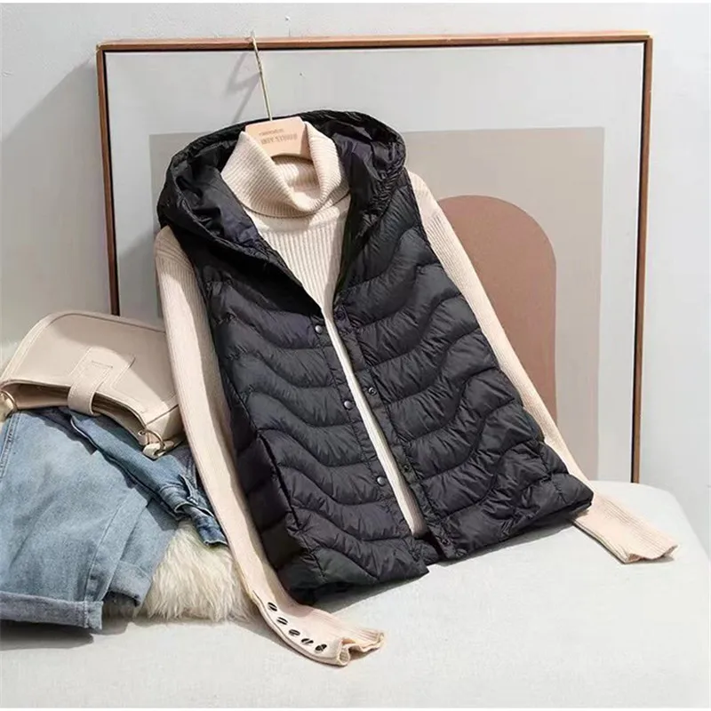 Herbst Winter Frauen Weste Mit Kapuze Jacke Warme Licht Weiße Ente Unten Weste Parkas Weibliche Einreiher Sleeveless Tank Mantel