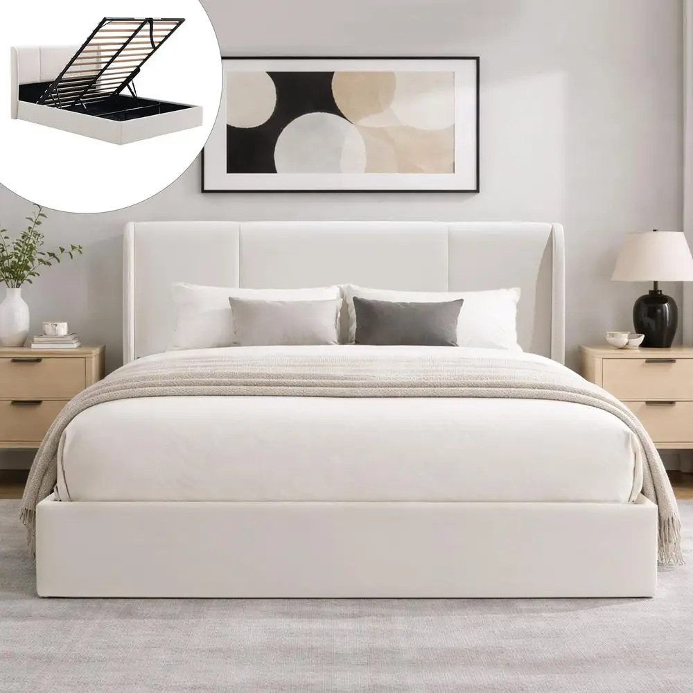 

Full Lift Up Storage Bed Frame, VelvetLook Upholstered Bed with Modern Wingback Headboard, Gas Lift Mechanism, Space Saving Des