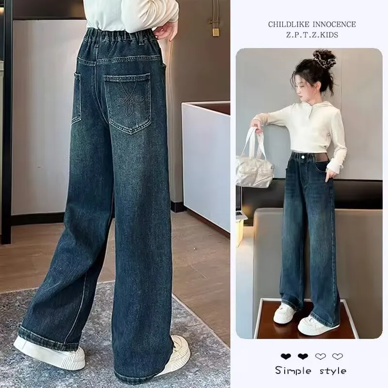 

Teenage Girls Fce Lined Wide Leg Jeans Winter Thiened Long Pants Autumn Clothing New 2024 Sle Junior High School Students