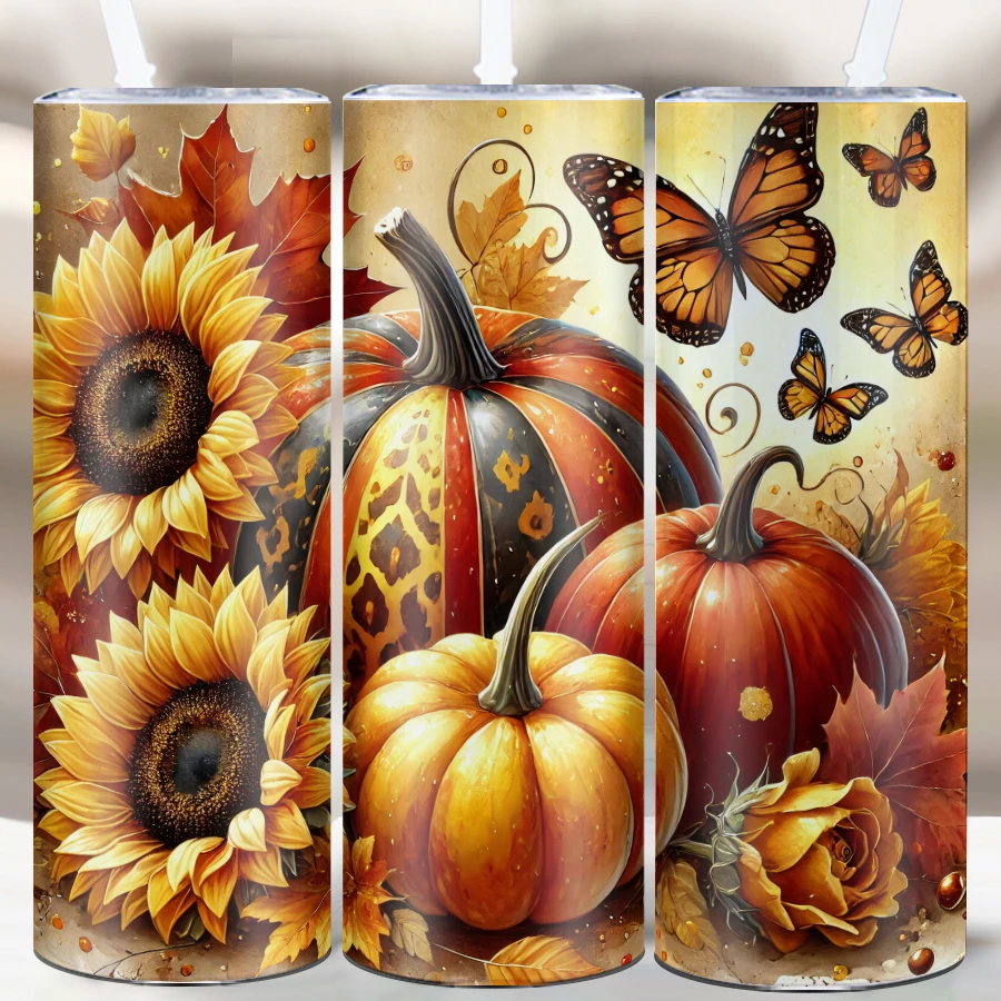 20oz 1Pc Coffee Mugs Straw Lid 3D Print Autumn Pumpkin & Flowers Tumblers Outdoor Portable Travel Cups Stainless Straight Mugs