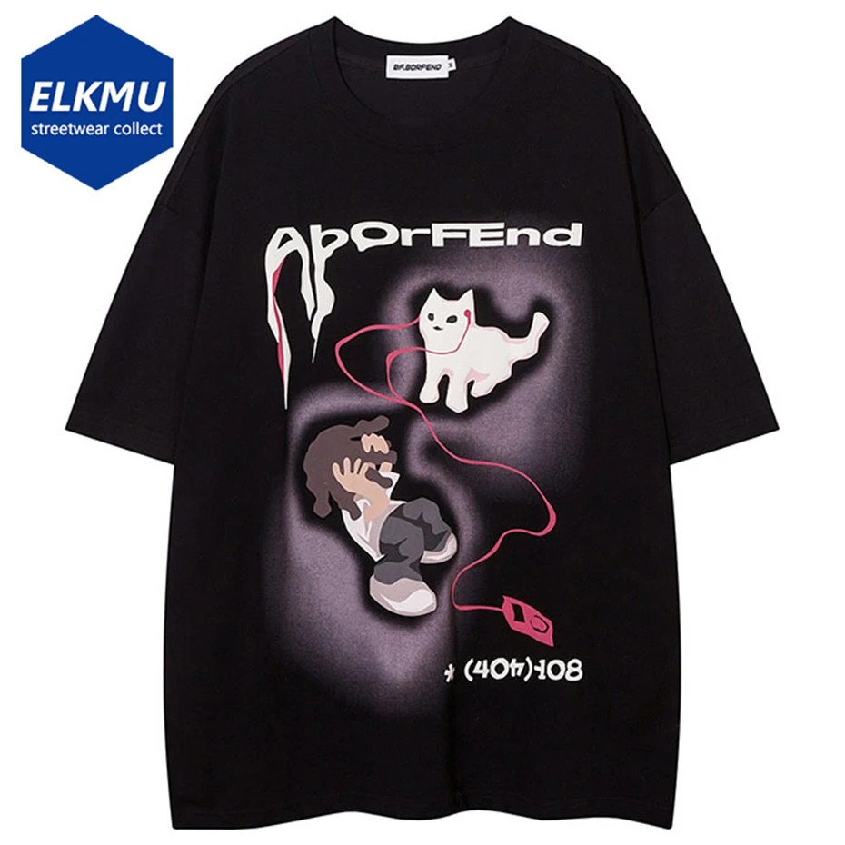 

2024 Men T Shirts Funny Cat Cartoon Graphic Oversized T-shirt Y2K Unisex Harajuku Streetwear Hip Hop Loose Tshirt Black Tee Tops