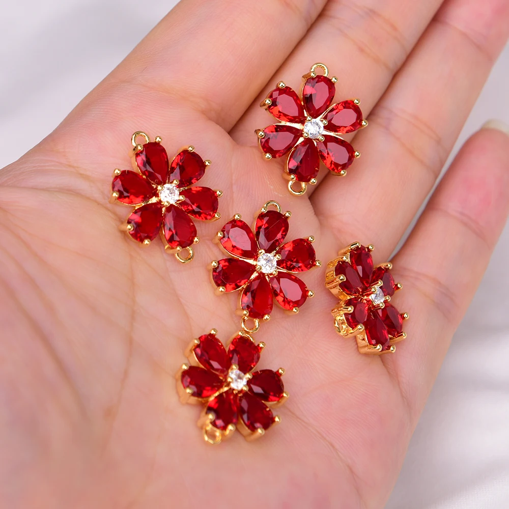 APDGG 10 Pcs 17mm Red Crystal Pave Flower Gold Plated Bezel Sets Connector Pearl Necklace Pendant Jewelry DIY