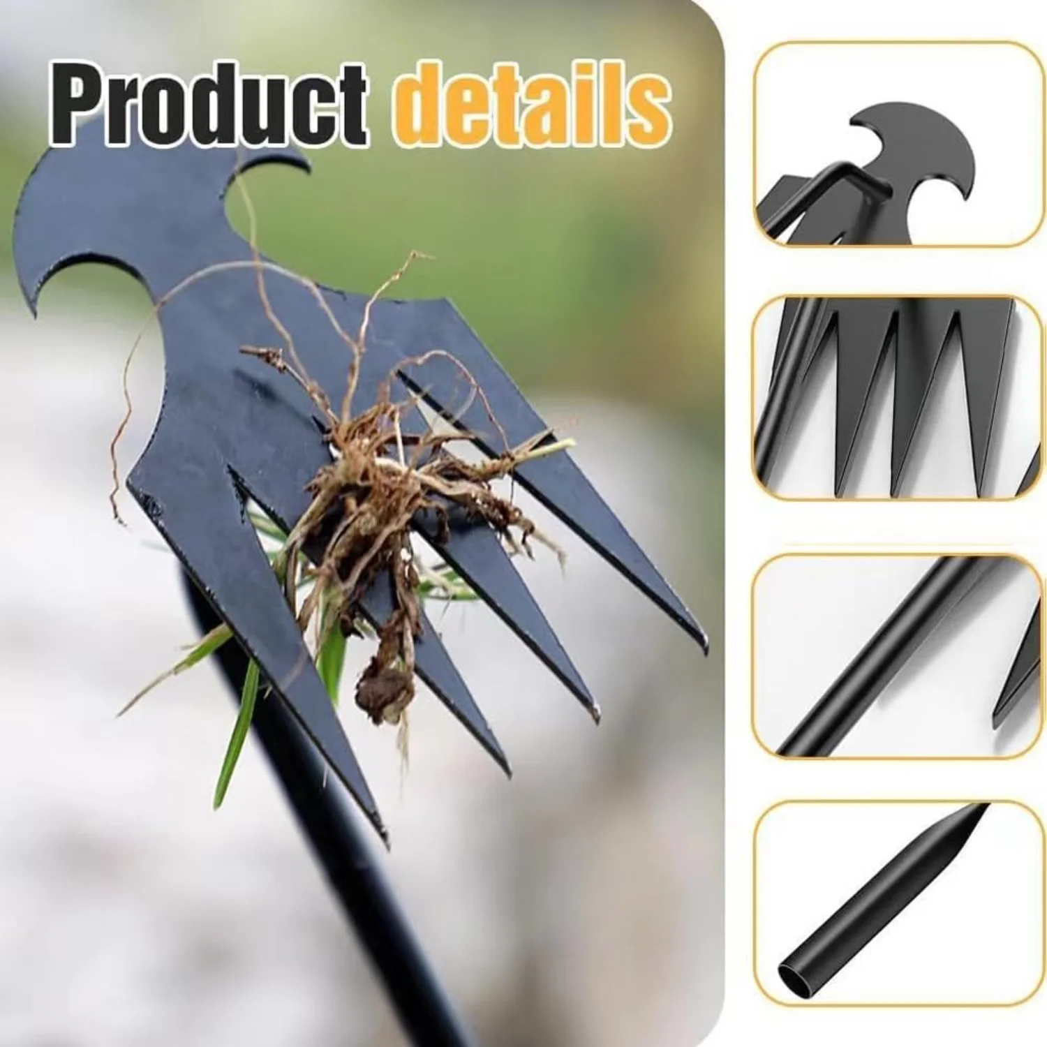 Weed Removal Tool Garden Weeding Tools Manganese Steel Hand Weeder Tool with Handle, 4 Teethes Dual Purpose Manual Weeders Tool 