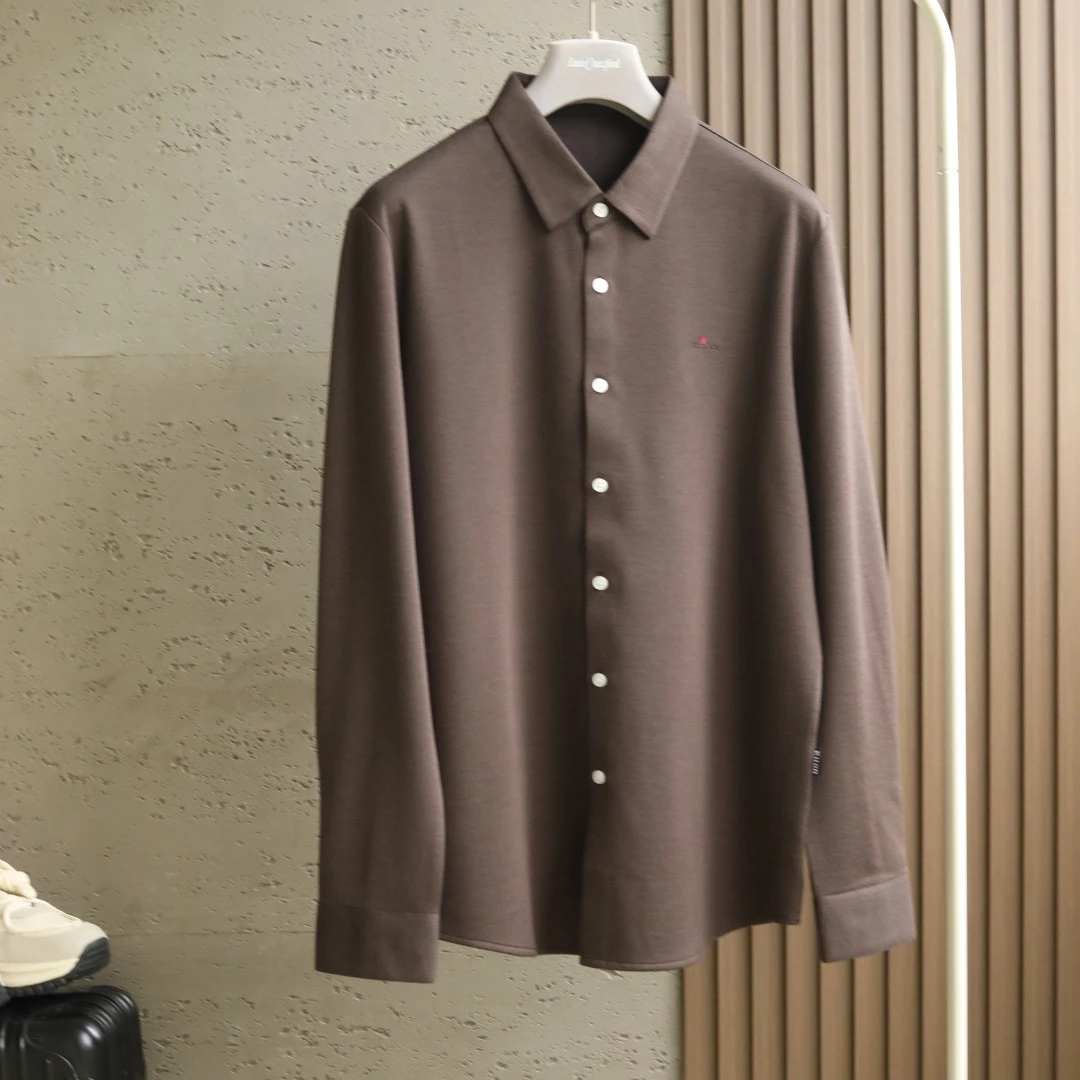 قميص Kiton القديم بنمط المال أوائل الخريف الجديد بلون سادة كاجوال للأعمال متعدد الاستخدامات للرجال بأكمام طويلة وطية صدر السترة