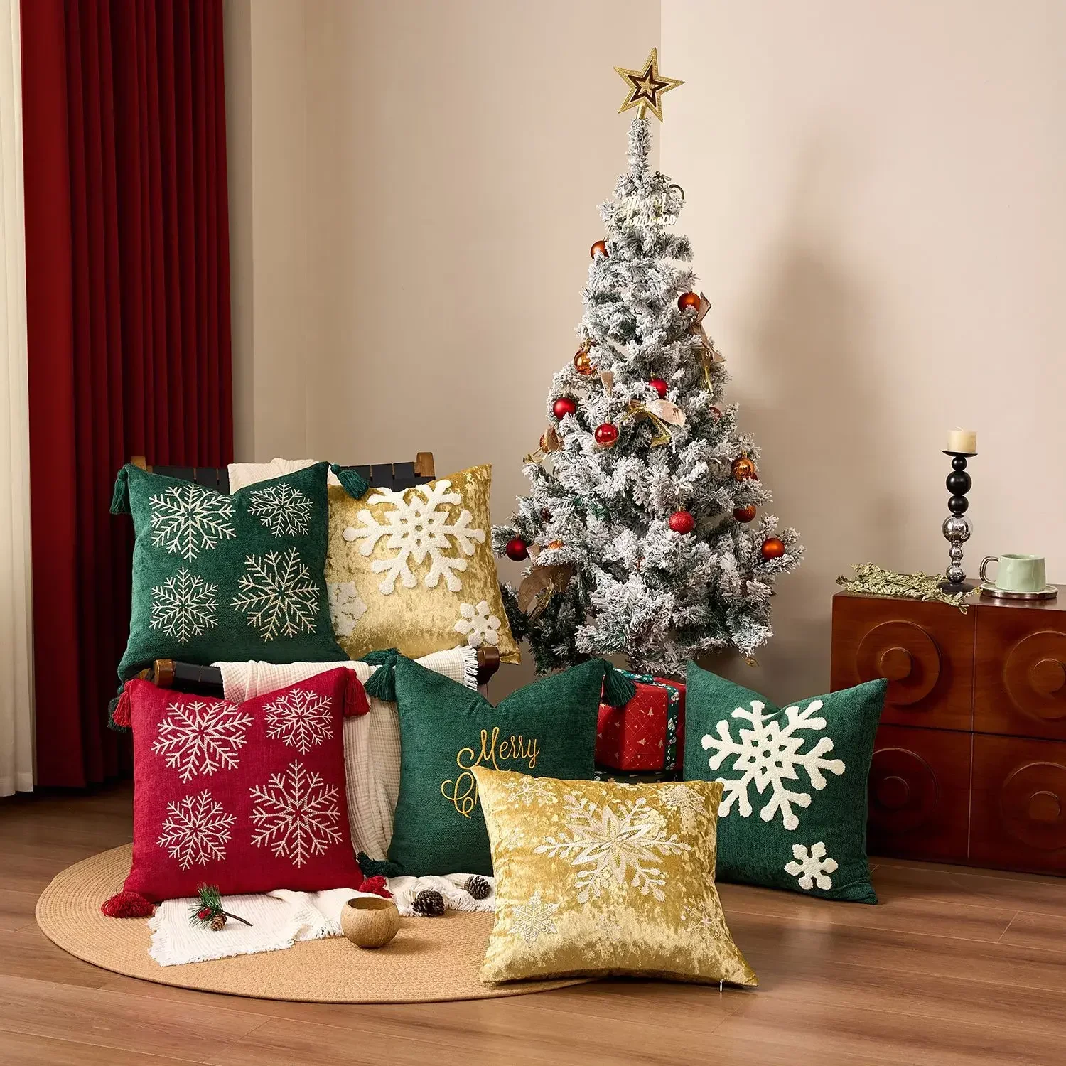 Merry Christmas Letter Snowflake Embroidered Cushion Cover Festive Holiday Party Pillow Covers Decorative for Sofa Home Decor