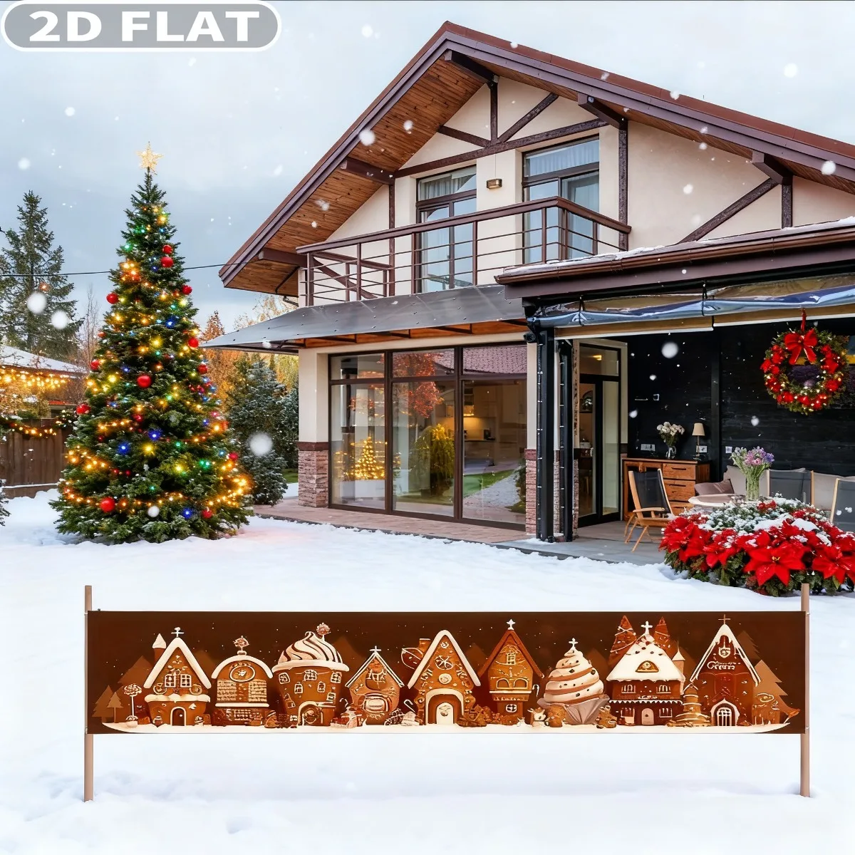 

2D FLAT 1 pc Large Long Gingerbread Village Polyester Party Banner - Multiple Sizes Durable Outdoor/Indoor Decor For Fence