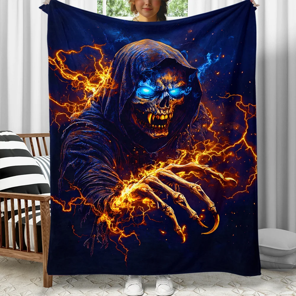 

1pc Grim Reaper skull lightning dark blue background horror art flannel blanket spooky Halloween throw blanket for adults