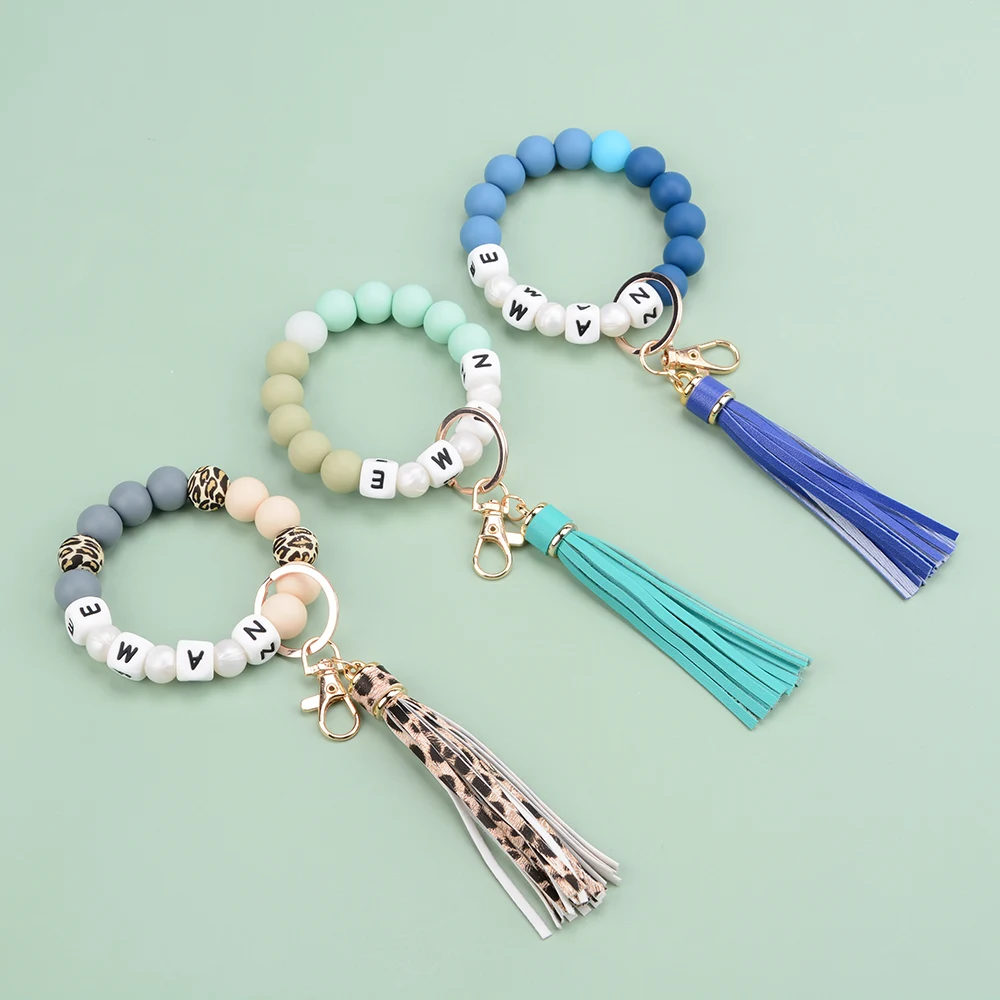 Silicone Bead Bracelet Keychain, Round Polygon Elastic Key Ring Beaded Tassel Wrist DIY Kit