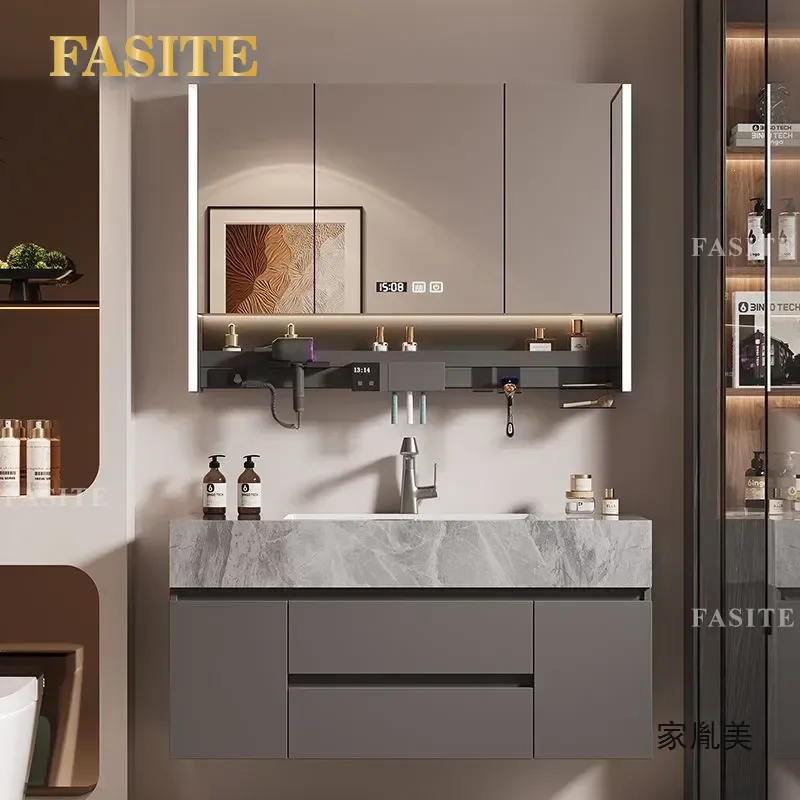 Modern Seamless Rock Slab Bathroom Vanity Cabinet with Integrated Ceramic Basin Smart Toilet Combo Space Saving Easy Clean