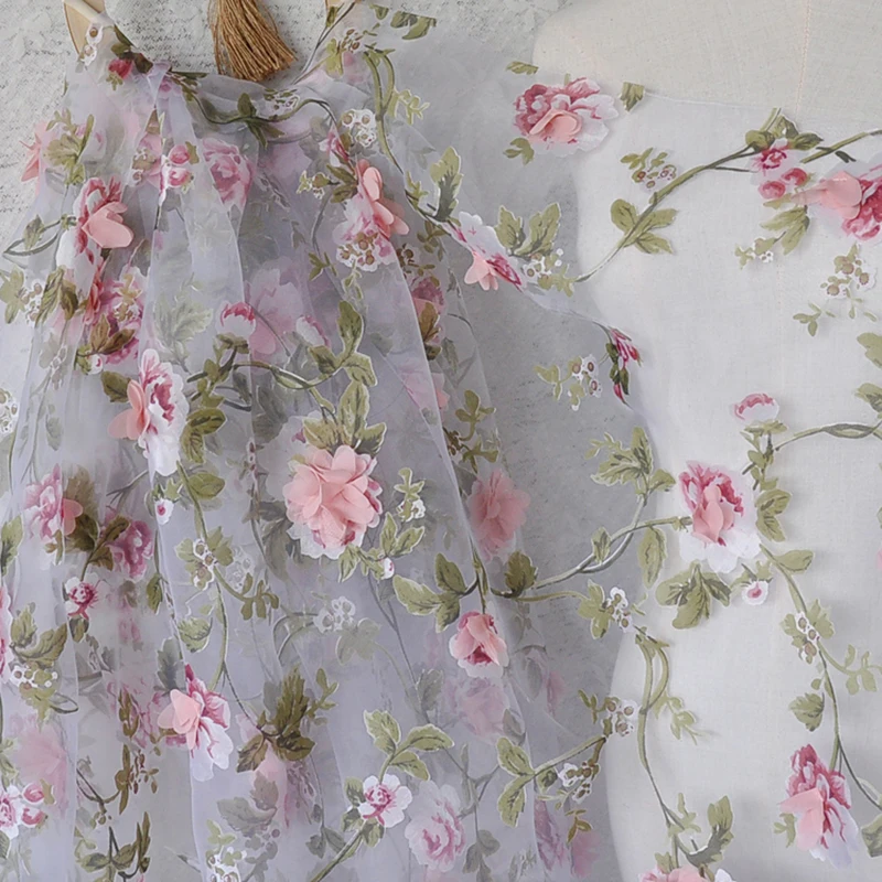 1 Meter X 1,35 Meter 3D Applikation Blumen-Spitzenstoff für Brautkleider Organza Burnout – Detail 6