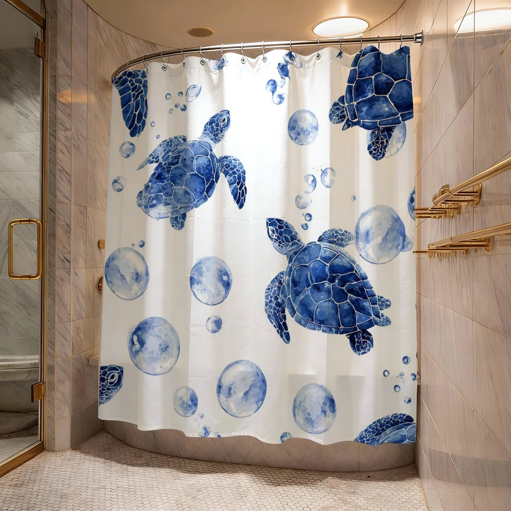 Cortina de ducha con estampado de tortuga marina, diseño artístico de vida marina en el océano azul, decoración de baño impermeable, estilo náutico tropical