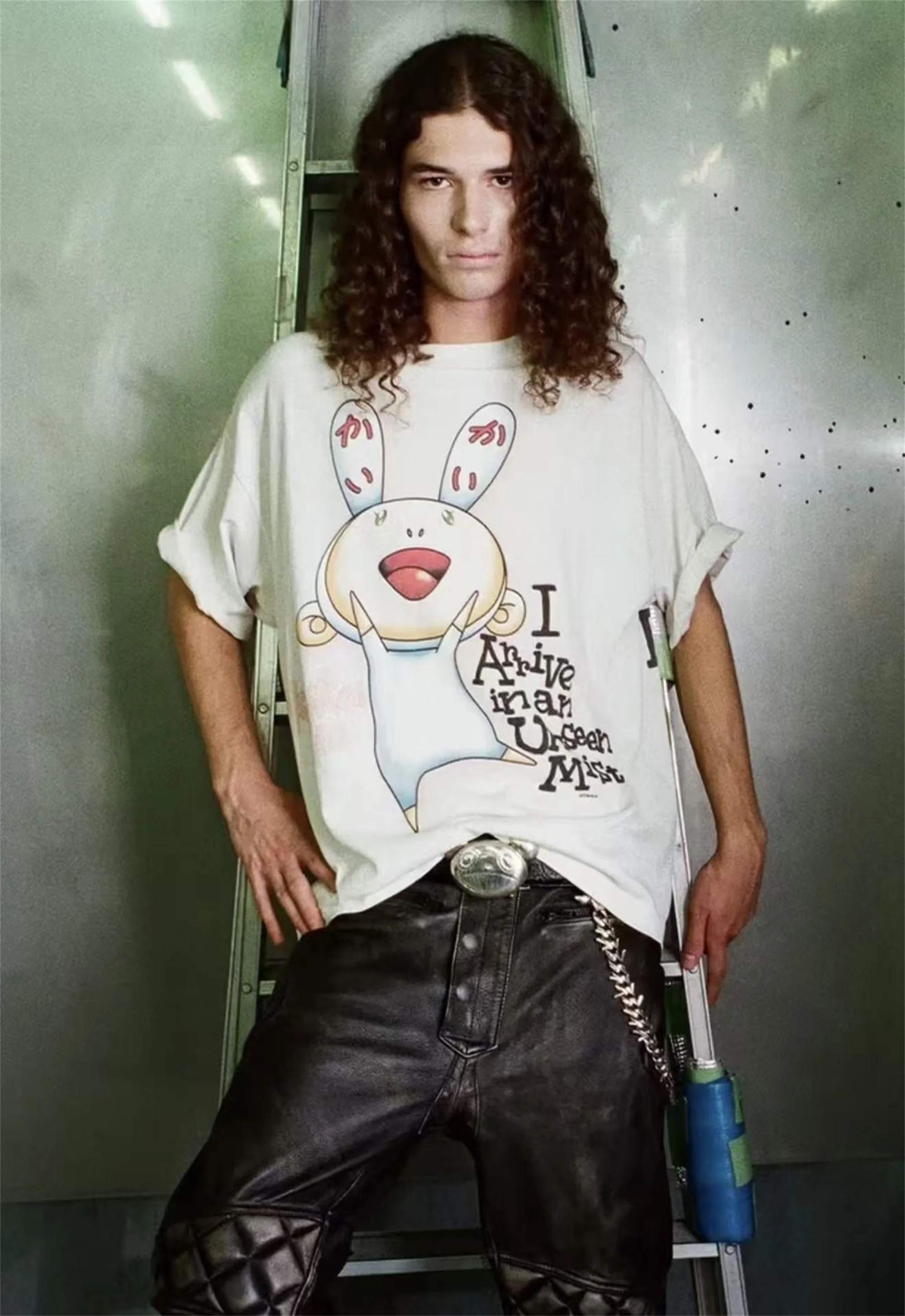 Saint of Michael x Takashi x Yuta collaboration Retro distressed rabbit hand drawn letter printed casual short sleeved T-shirt