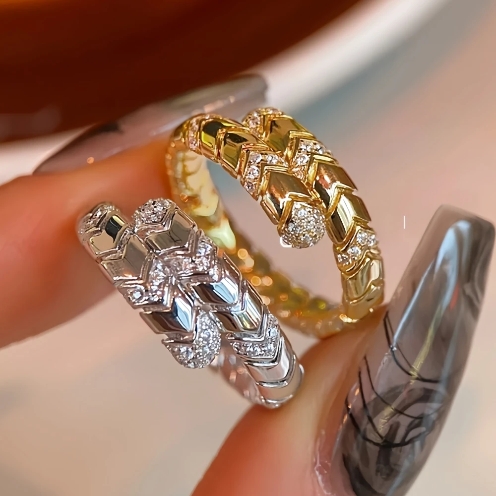 Serpent Pave Zircon Snake Ring 18K Gold Plated Minimalist Versatile Fashion Diamond Wrap Finger Ring Women's 925 Sterling Silver