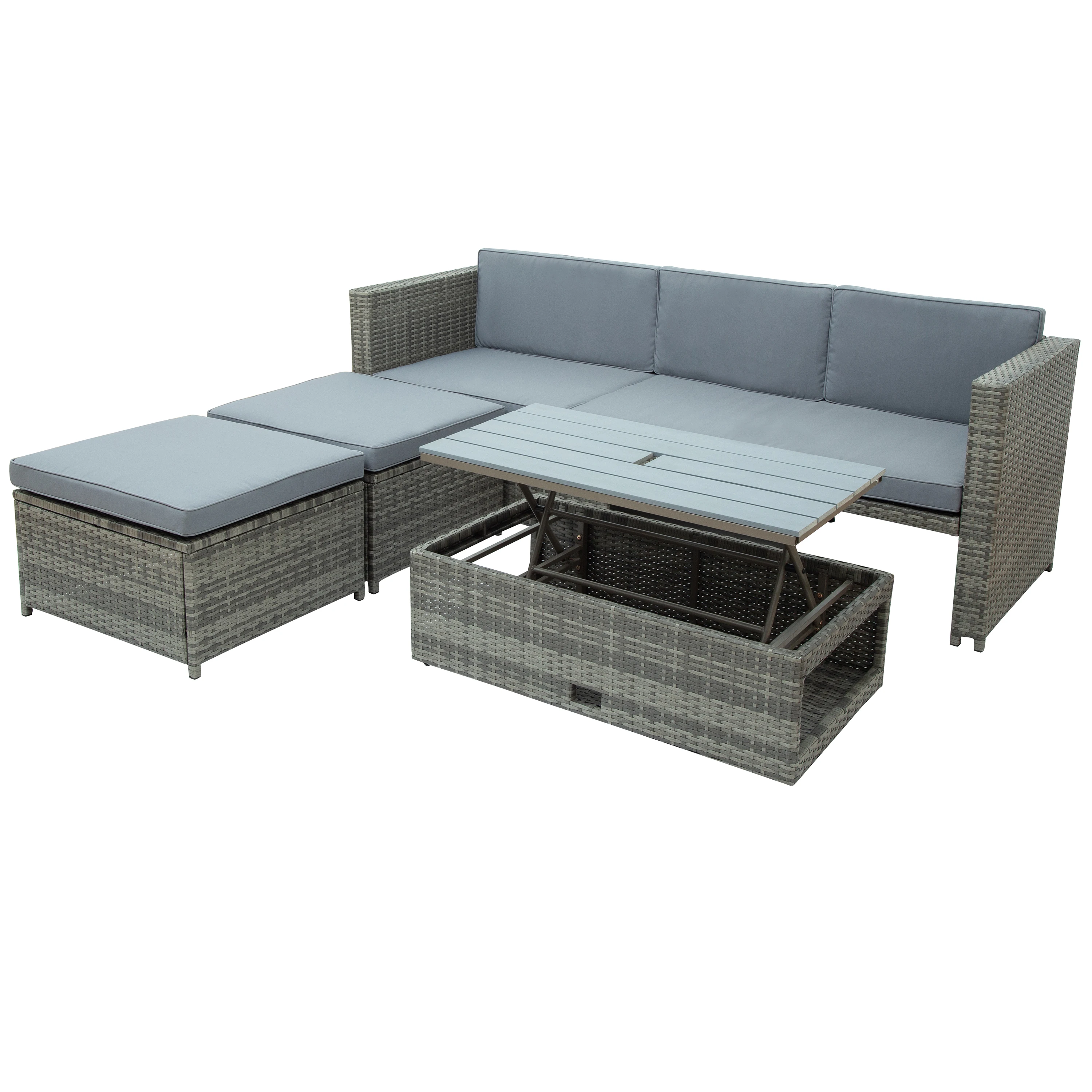 4-Piece Outdoor Backyard Patio Rattan Sofa Set All-weather PE Wicker Sectional Furniture Set W/Retractable Table Gray[US-Stock]
