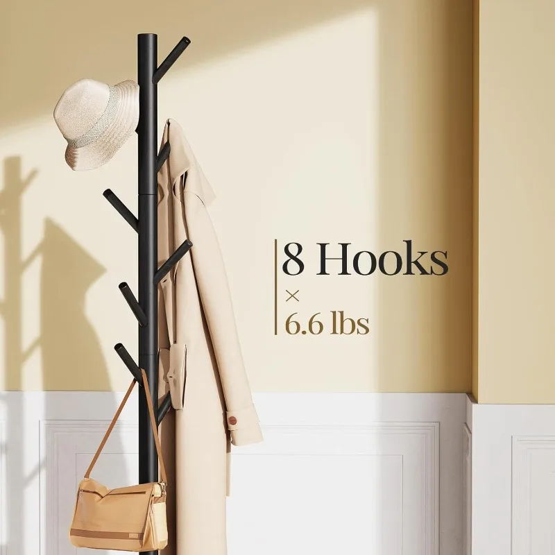 Sturdy Wooden Coat Stand, 3 Adjustable Sizes Coat Tree with 8 Hooks, Coat Stands for Hallway Entryway, Hat Stand for Clothes