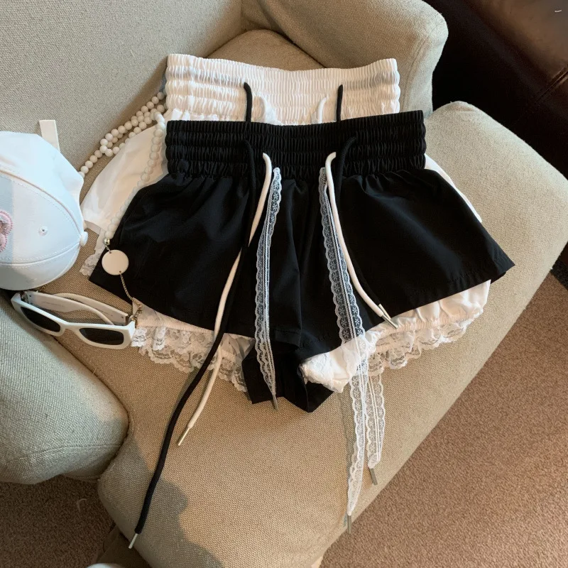 Women Elastic High Waist Drawstring Mini Skort Lace Trim Layered Fake Two Piece Casual Summer Loose Flowy Tennis Skirt Shorts