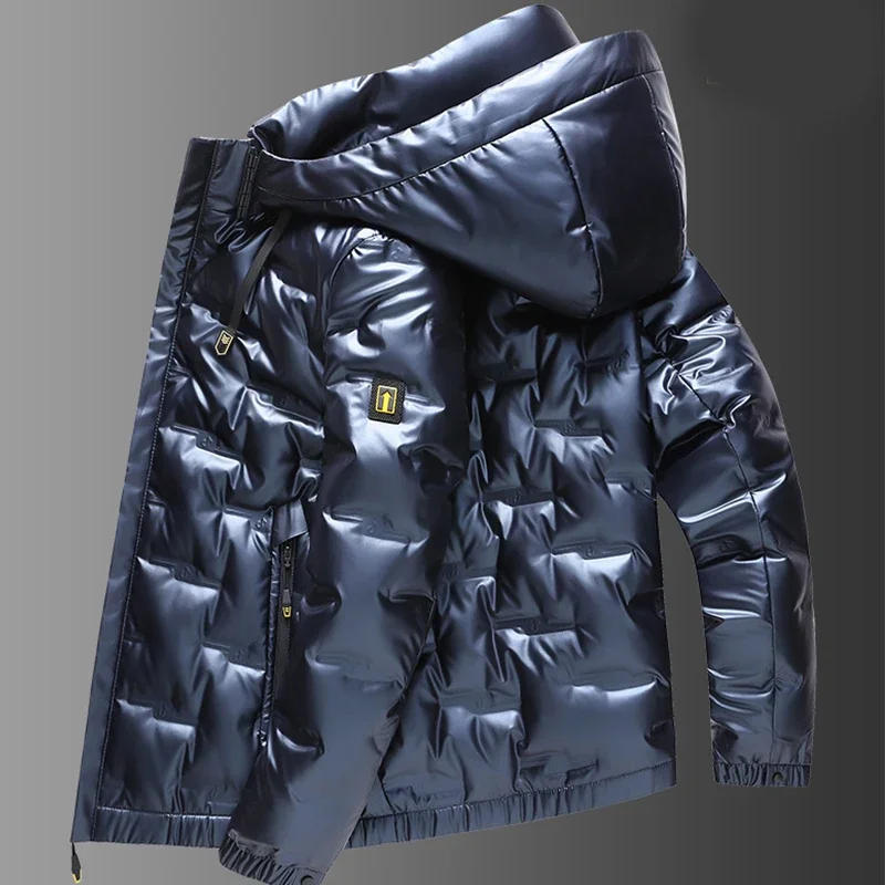 Chaqueta de plumón brillante para hombre, abrigo corto con capucha, impermeable, grueso, cálido, tendencia de moda, nuevo, Invierno