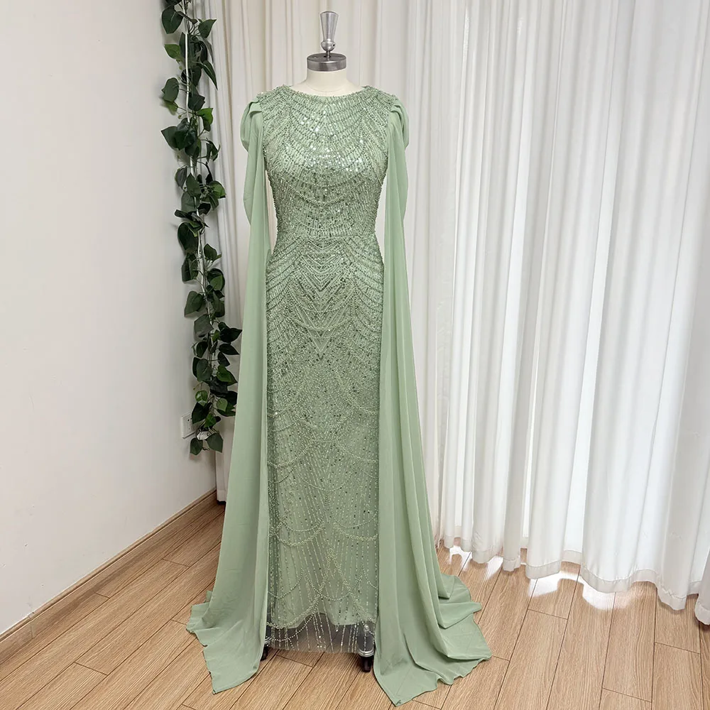 Eshaut&bridal Elegant Beaded Mermaid Evening Gown with Chiffon Cape Sleeves Pearls Formal Prom Dress for Women 2026 Customized