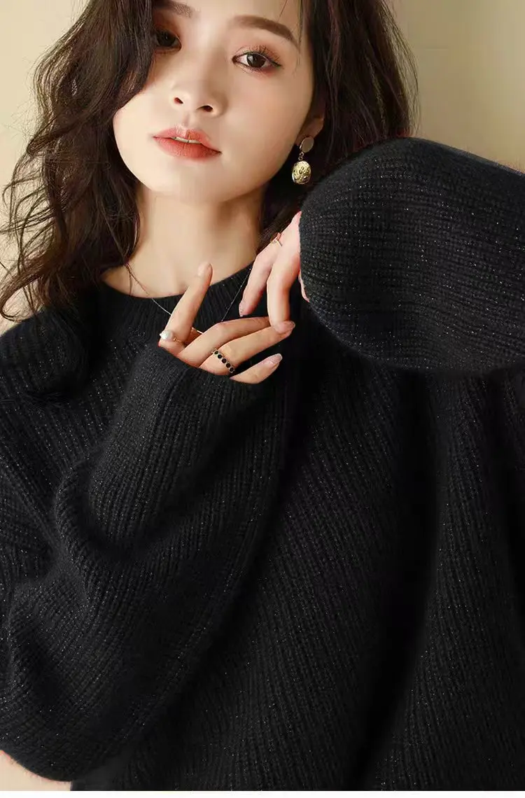 New Chic Women O-neck Wool Sweater Long Sleeve Pullover Spring Autumn Casual Loose Style 100% Merino Wool Knitwear Korean Tops