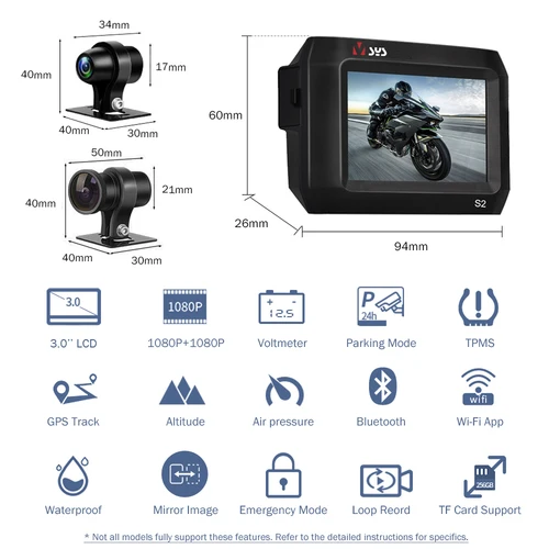 Imagen 2 del producto VSYS S2 S2F S2L Dual 1080P motocicleta DVR Dash Cam SONY Starvis TPMS modo de estacionamiento impermeable cámara de motocicleta WiFi GPS