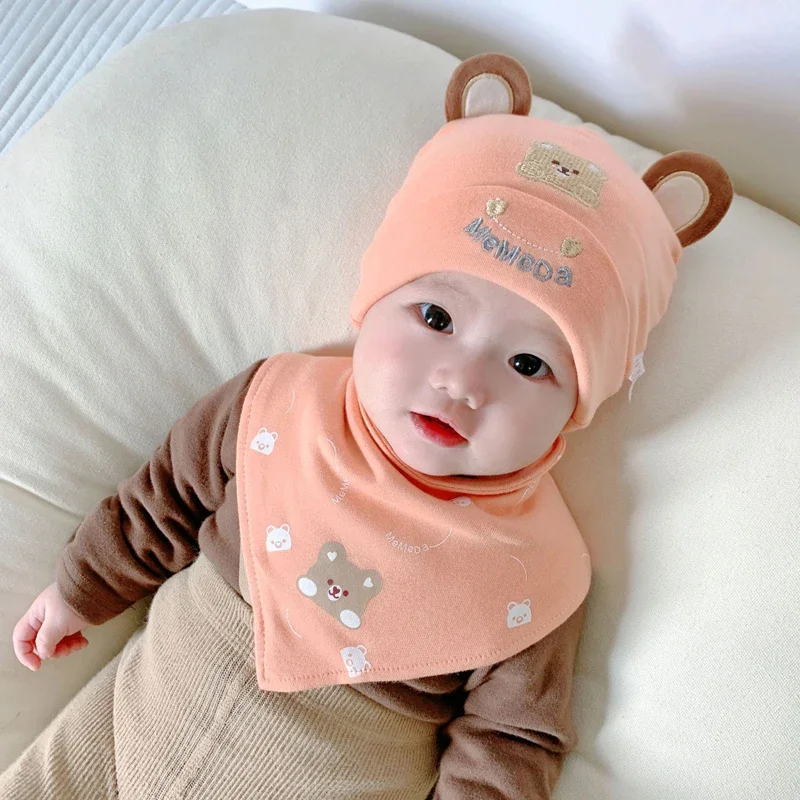 2pcs/Set Bear Baby Beanie Hat Scarf Set Cotton Newborn Hats for Girls Boys Baby Cap Cartoon Infant Toddler Bonnet Hats