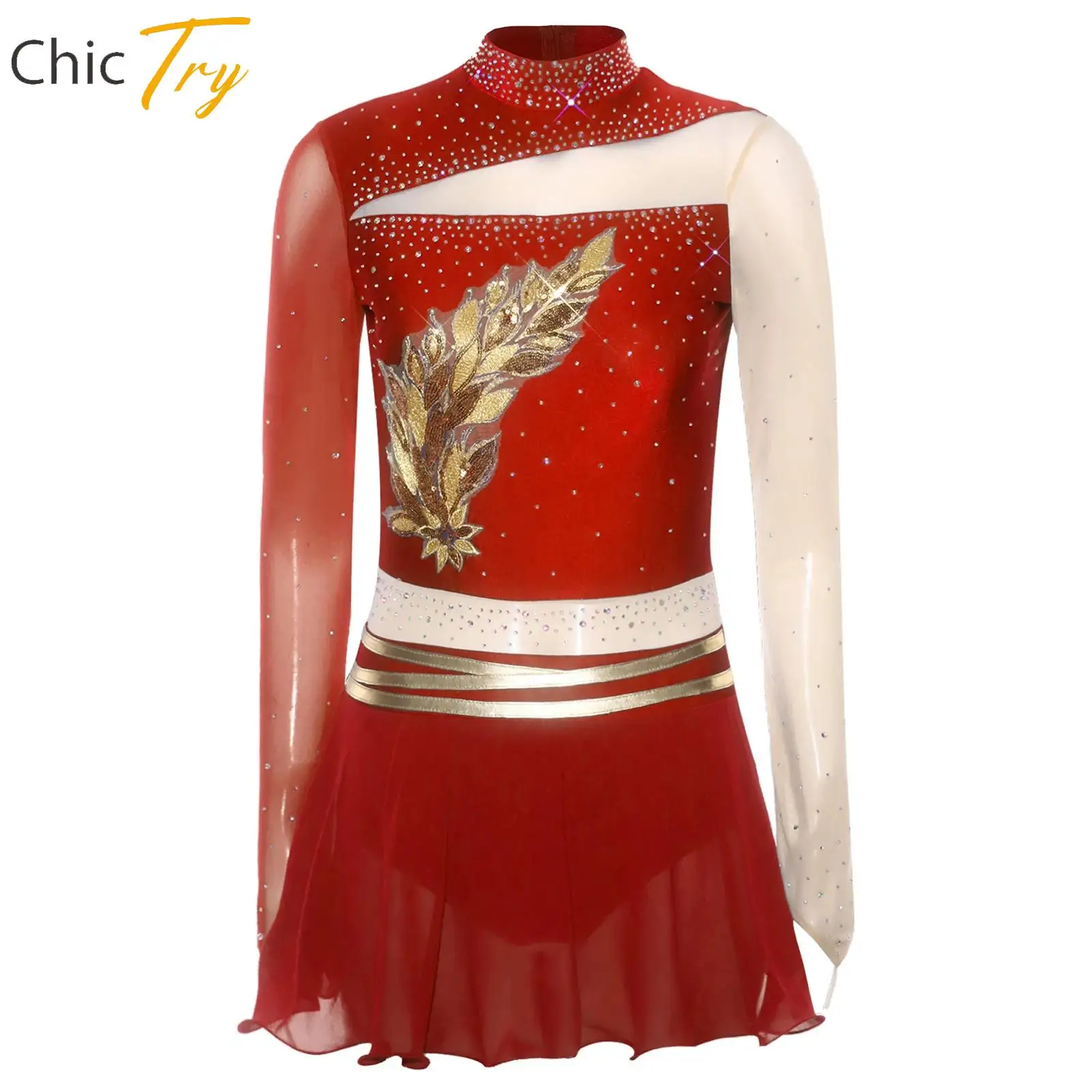 

Women Rhythmic Gymnastics Figure Skating Lyrical Dance Leotard Dress Embroidered Rhinestones Long Sleeve Dress Clothes Dancewear
