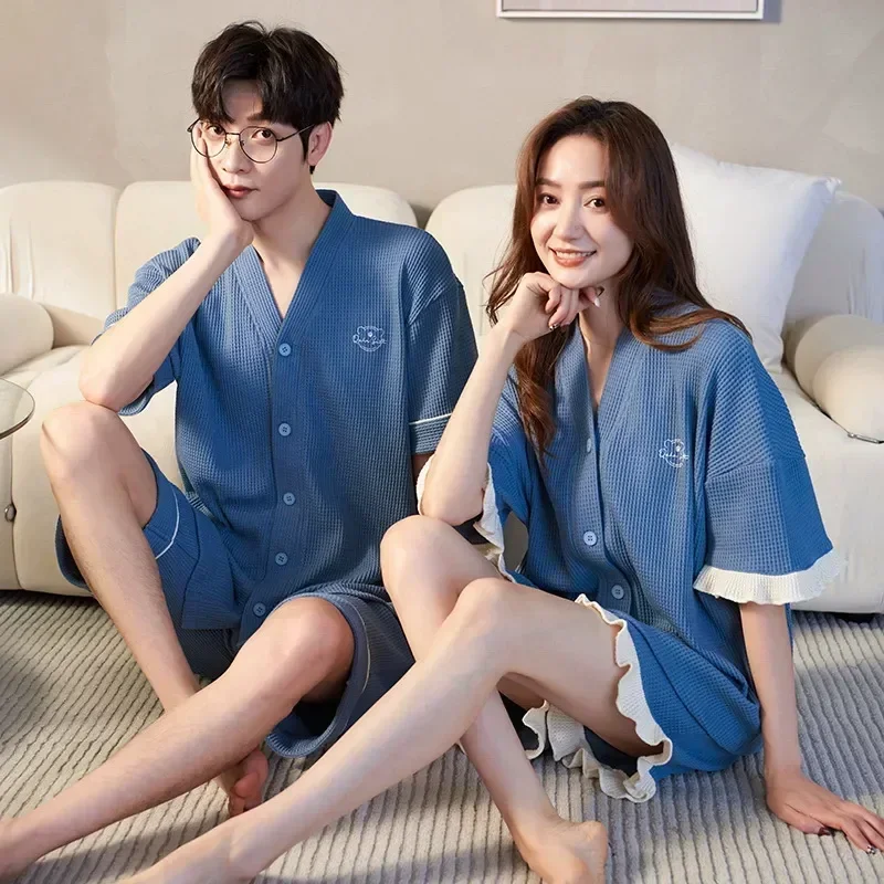 Waffle Couple's Shorts New Pajama Sets Summer Fashion Sleepwear For Pijamas Korean Young Loungewear Pajamas Cotton Casual