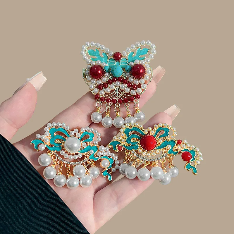 Neue Chinesische Stil Lion Dance Imitation Perle Haar ClipWomen's Cheongsam Hanfu Haar Zubehör Exquisite Quasten Pony Seite Clips