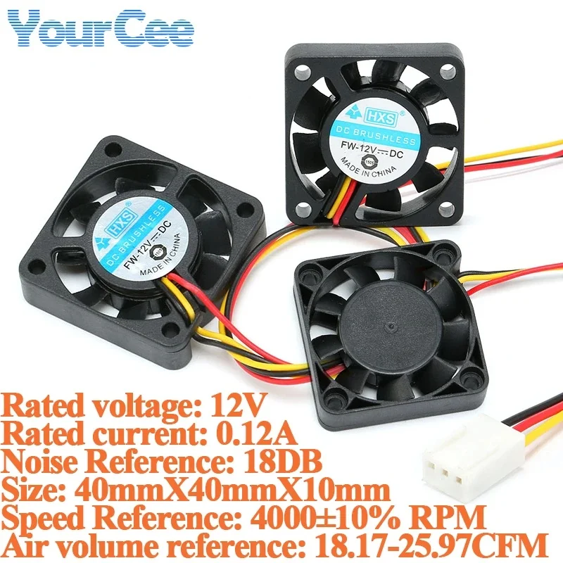 2pcs/1pc Small Cooling Fan 12V 0.12A 4010S 40mm*40mm*10mm for Computer/Chassis/CPU/North-South Bridge Fan 3 Wire with Plug