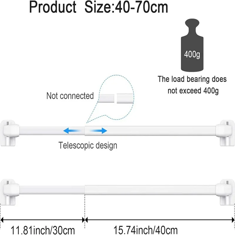 

1Set Telescoping Shower Rod Adjustable Length 40-70cm No Drilling Strong Support Flexible Curtain Rail for Bathrooms