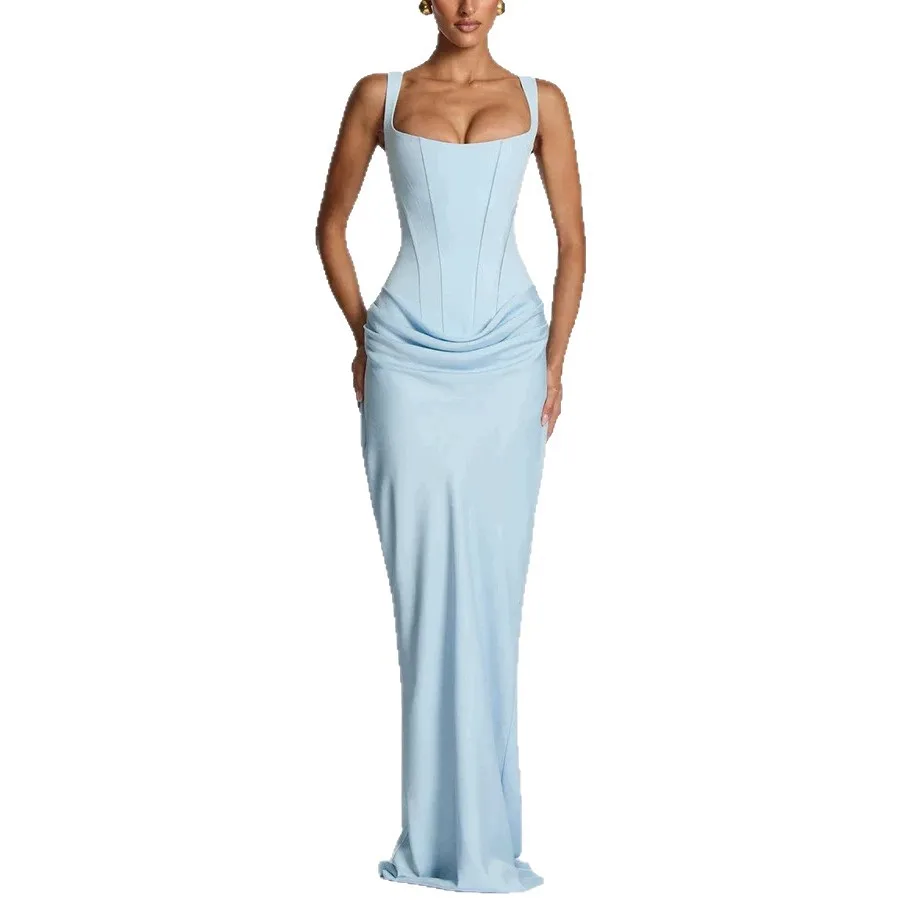 Sexy Solid Color Tube Top Dress with Tie Waist Ruched Bodycon Midi Dress Jumpsuit Playsuit