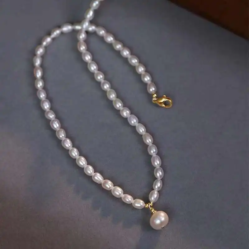 

N 5-6mm Natural Freshwater Rice Pearl Women's Necklaces 7-8mm Pearl Pendants Necklaces Cute Girl Gifts